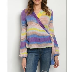 Pastel Rainbow Striped Ballet Wrap Knit Top